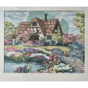 Vintage Cross Stich 21.5x17.5 Inch Cottage Retreat Garden Flowers Matted Framed